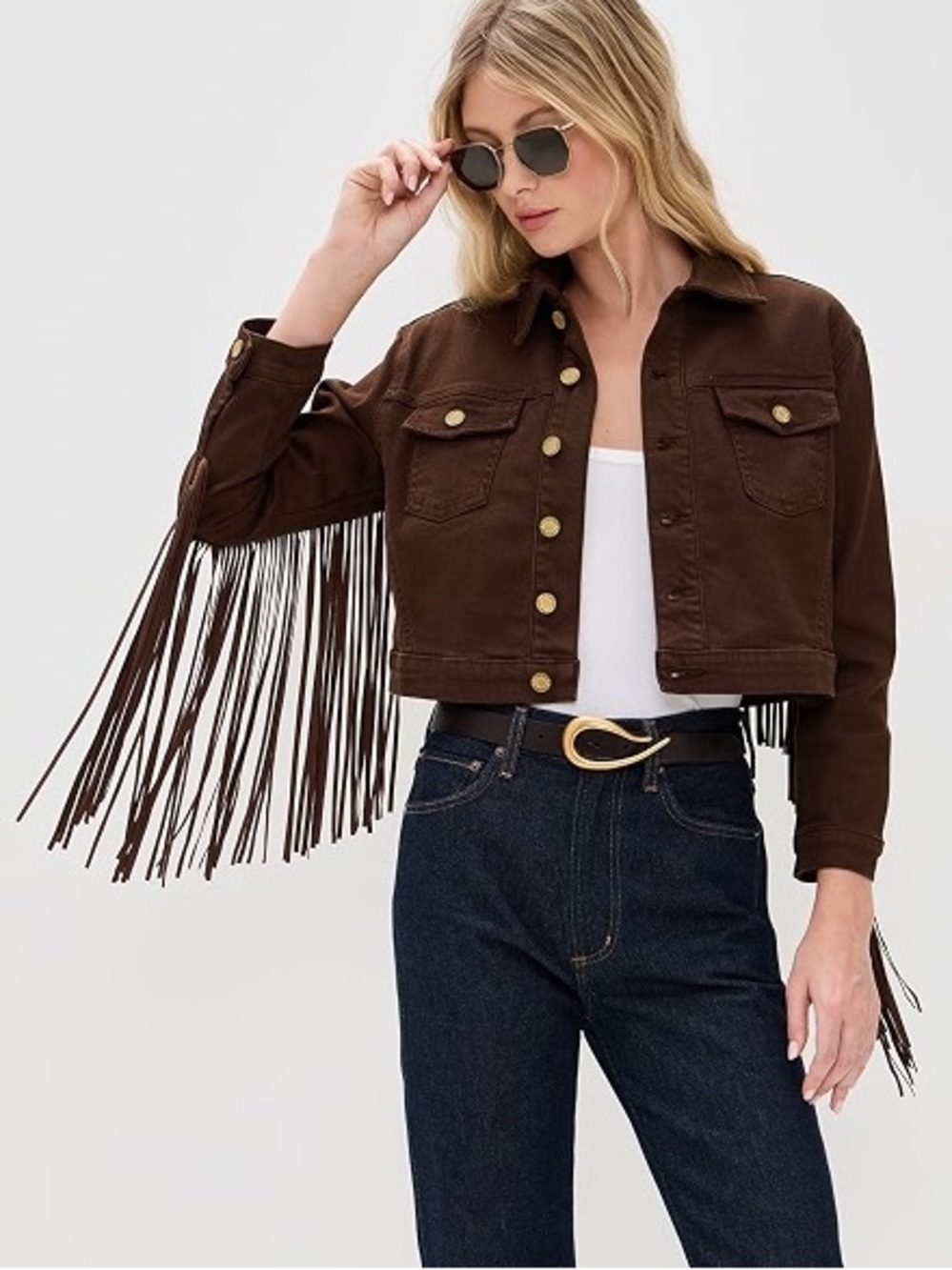 L'AGENCE Koda Western Brown Cropped Fringe Denim Jacket - S